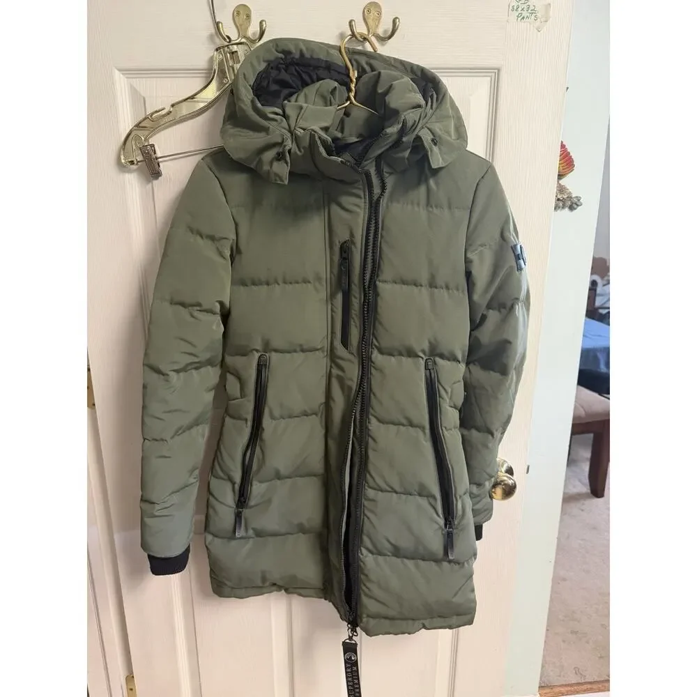 Super Dry Premium Down Jacket Parka Hooded Puffer Coat Olive Green Small 38w 31L